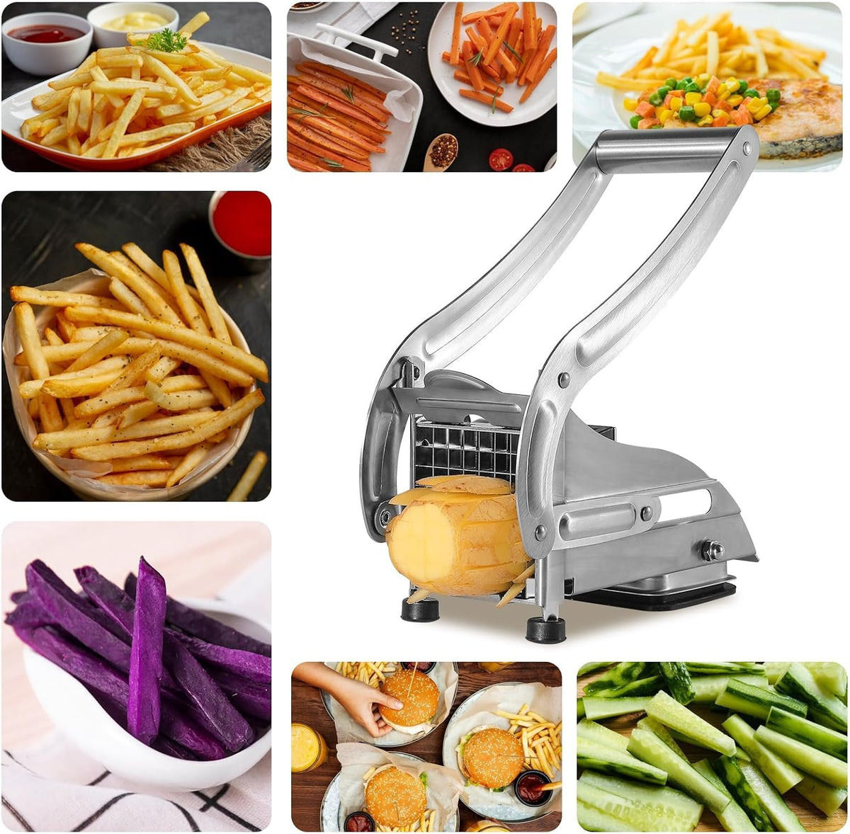 Stainless Steel Potato Slicer & French Fry Cutter - 2 Blades (1/2" & 1/3") for Homemade Fries, Non-Slip Suction Base, Easy Chip & Sweet Potato Maker (Silver)