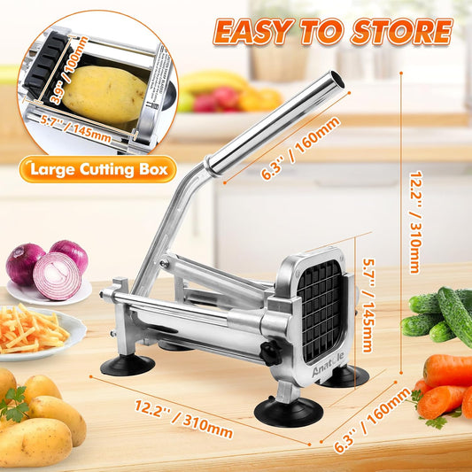 Professional French Fry Cutter Stainless Steel with 1/4'' 3/8'' 1/2'' Blades Manual Potato Slicer Veggie Chopper Homestyle Dicer for Onions Carrots Cucumbers