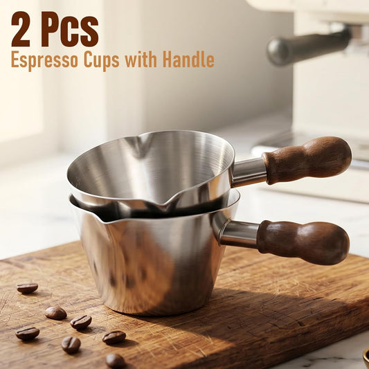 3.4oz Espresso Cups Set 2, Stainless Steel with Wooden Handles | Dual V-shaped spouts support controlled pouring; interior oz/ml markings make each cup an espresso measuring cup for prep
