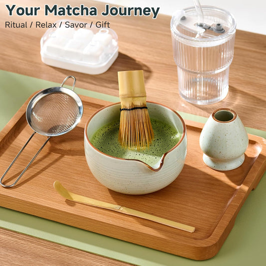Matcha Whisk Set, Complete Matcha Kit with Bowl, Bamboo Whisk & Holder, Scoop, Sifter, Glass Cup with Lid & Straw, Ice Cube Tray – Matcha Gift Set for Matcha Lovers