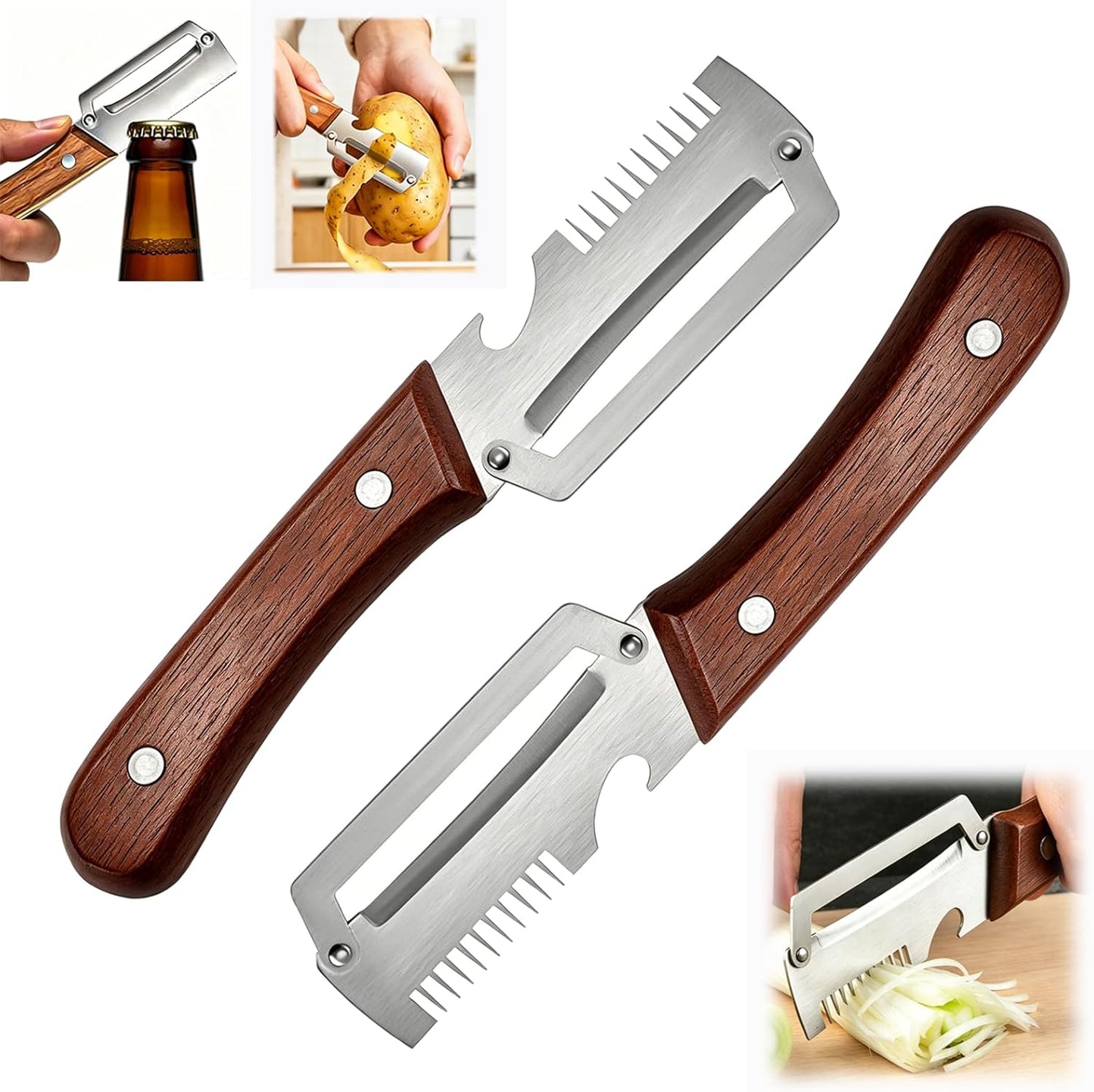 Multi-Functional Vegetable Peeler for Kitchen with Wooden Handle and Bottle Opener, 3 in 1 Stainless Steel Green Onion Slicer Kitchen Tool for Fruit Potato Pumpkin Apple carrot Papaya, Non-Slip Handle