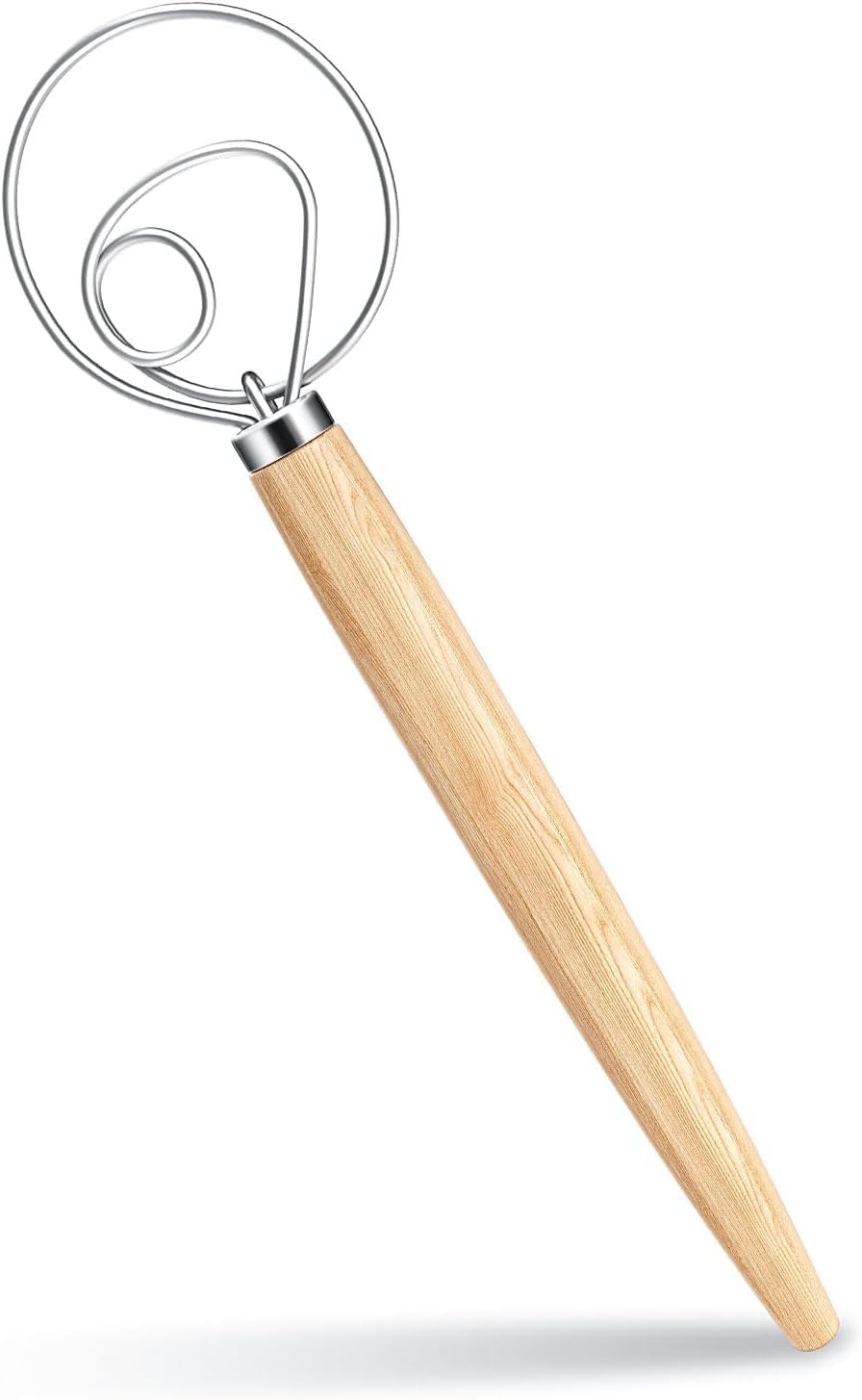 13-Inch Danish Dough Whisk - Wooden Danish for Dough with Stainless Steel Dough Hook - Traditional Dutch Whisk - Bread for Sourdough, Pizza, Pastry, Cake Batter (Rubberwood,Silver, 1)