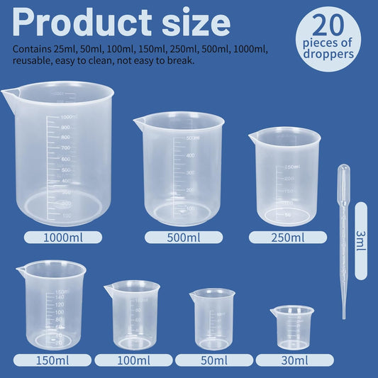 7 Sizes Plastic Beaker Set,Clear Measuring Graduated Liquid Container Beakers in 30ml/50ml/100ml/150ml/250ml/500ml/1000ml for Laboratory Measuring with 20 PCS Plastic Droppers in 3 ml