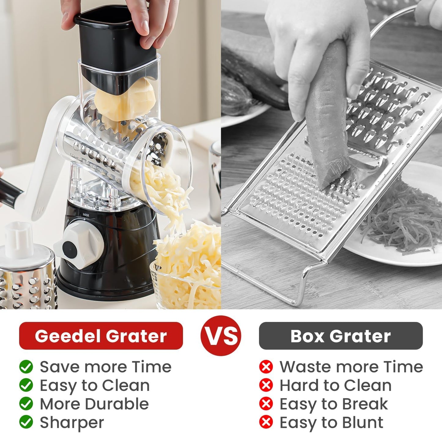 Rotary Cheese Grater Hand Crank Cheese Shredder with 3 Stainless Steel Blades, Rotary Grater, for Fresh Cheese, Vegetable, Nuts,Non-slip Suction Base, Black