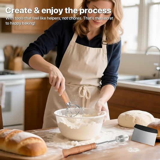Sourdough Whisk Set: Danish Dough Whisk, Dough Scraper, Bread Scoring Lame | 3 in 1 Sour Dough Starter Kit, Gift for Baking Beginner, Includes All tools for Mixing, Dividing, and Scoring Dutch Bread.