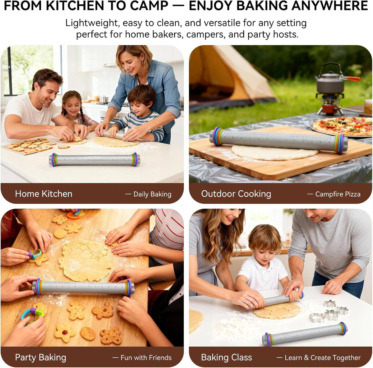 Adjustable Rolling Pin with Thickness Rings, Silicone Dough Roller