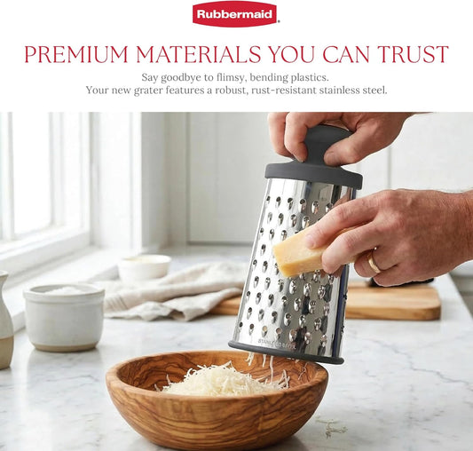 Stainless Steel Cheese Grater - 9.5" Oval Handheld Box Grater with EZ Grip Handle - Multi-Surface Food & Cheese Shredder | Zester & Graters for Kitchen - Dishwasher Safe, Charcoal