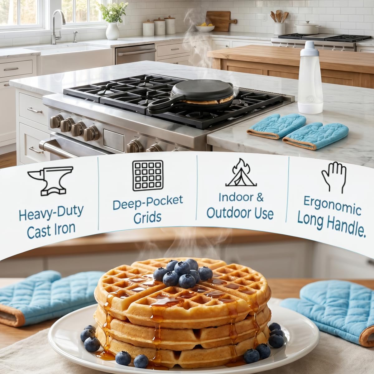 Cast Iron Waffle Maker,Non Electric Stovetop,7 Inch | Detachable plates separate fully for effortless cleanup; complete set includes 1L batter dispenser & heat-resistant gloves