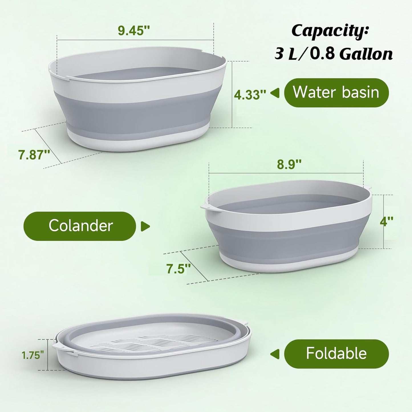 2 in 1 Collapsible Washing Basin and Food Strainer Set - 3.1 QT (3L) Plastic Collapsible Colander for Kitchen Veggies - Fruit Washing Bowl with Strainer