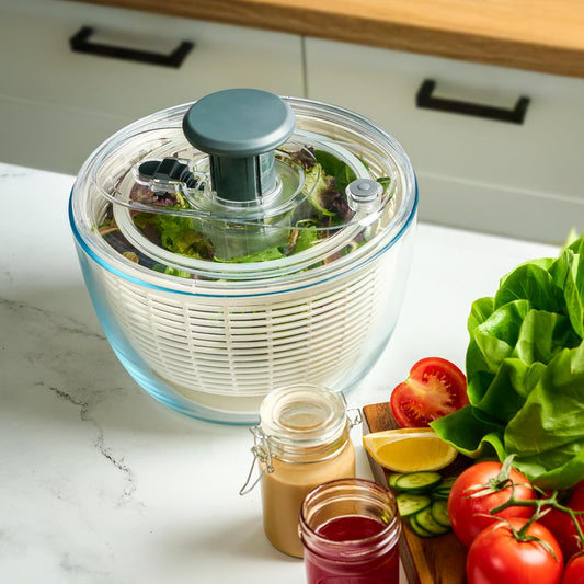Glass Salad Spinner with Airtight Lid - BPA-Free - Easy Pump Lettuce Spinner Washer | Fruit Washing Bowl with Strainer | Vegetable Cleaner | Large Capacity Borosilicate Glass, 6.22 Quart