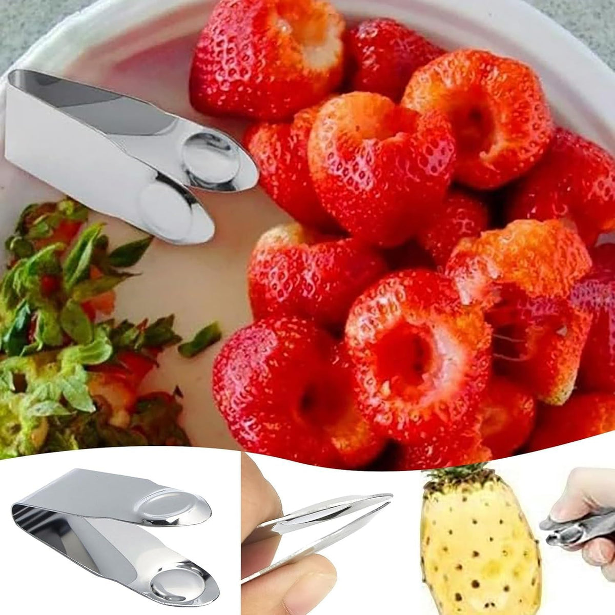 Stainless Steel Strawberry Huller & Stem Remover – Fruit Corer for Potatoes, Pineapples, Carrots, Tomatoes – Kitchen Gadget, Silver, 2.8 inches