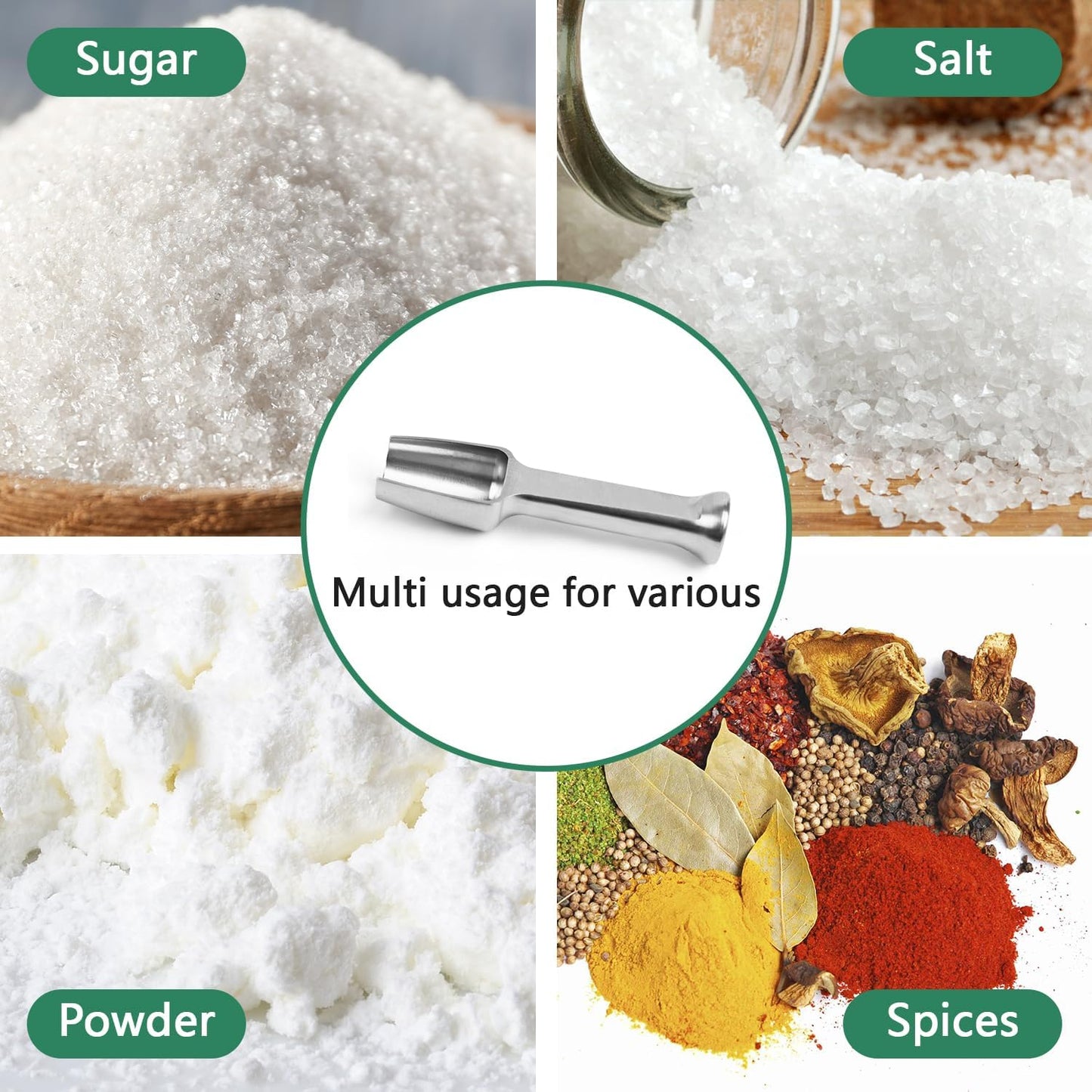 Mini SS304 stainless steel scoop with tamp tool,0.1 gram capacity 1.79 inch spoon for multi-purpose use sugar salt powder spices dishwashers safe for kitchen laboratory