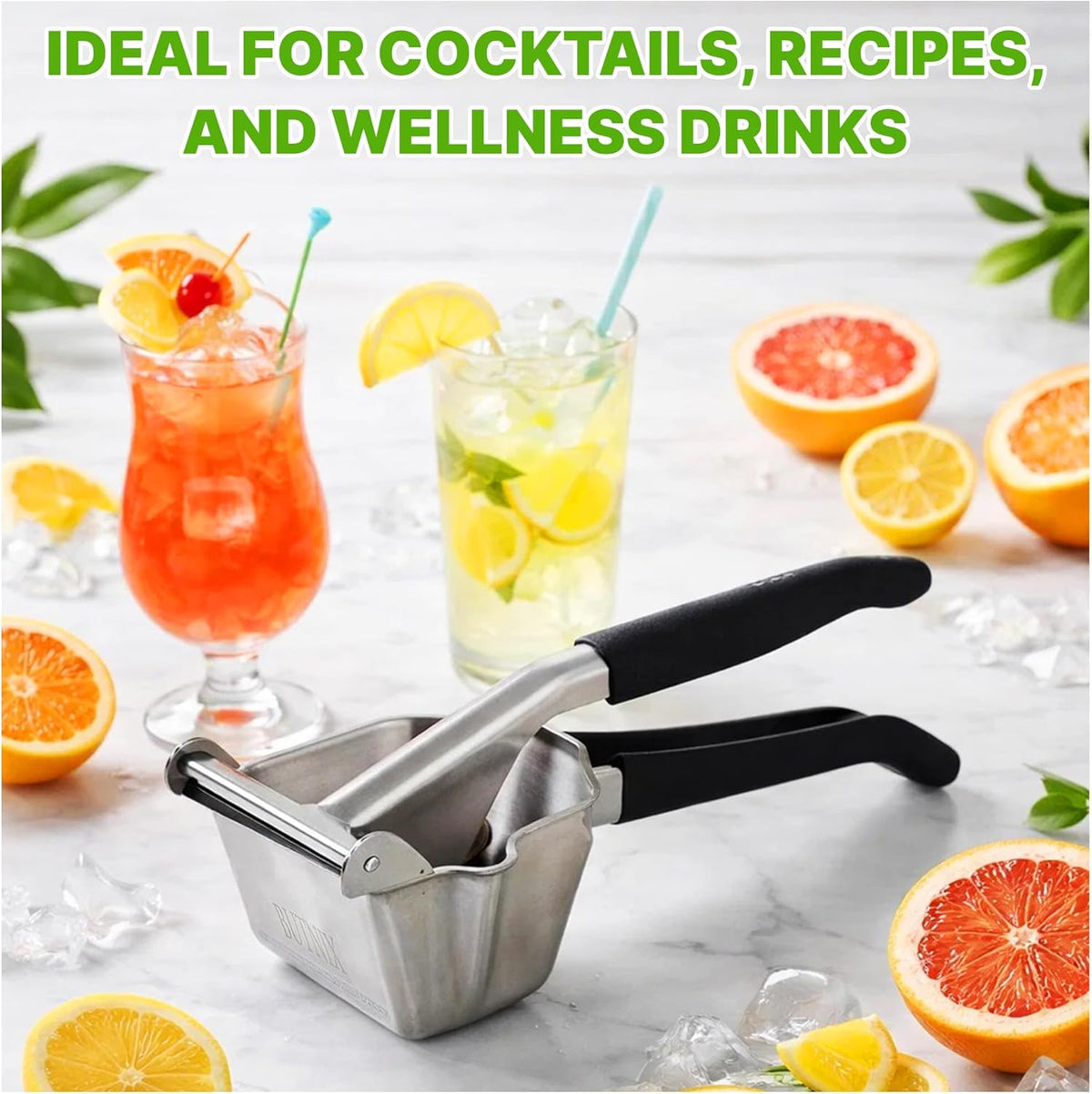 Lemon Squeezer, Stainless Steel 304 Hand Juicer, 3-in-1 Citrus Squeezer for Lemon Lime Orange, Manual Citrus Juicer with Cocktail Mixing Spoon, Non-Slip Grip, Life Time Warranty