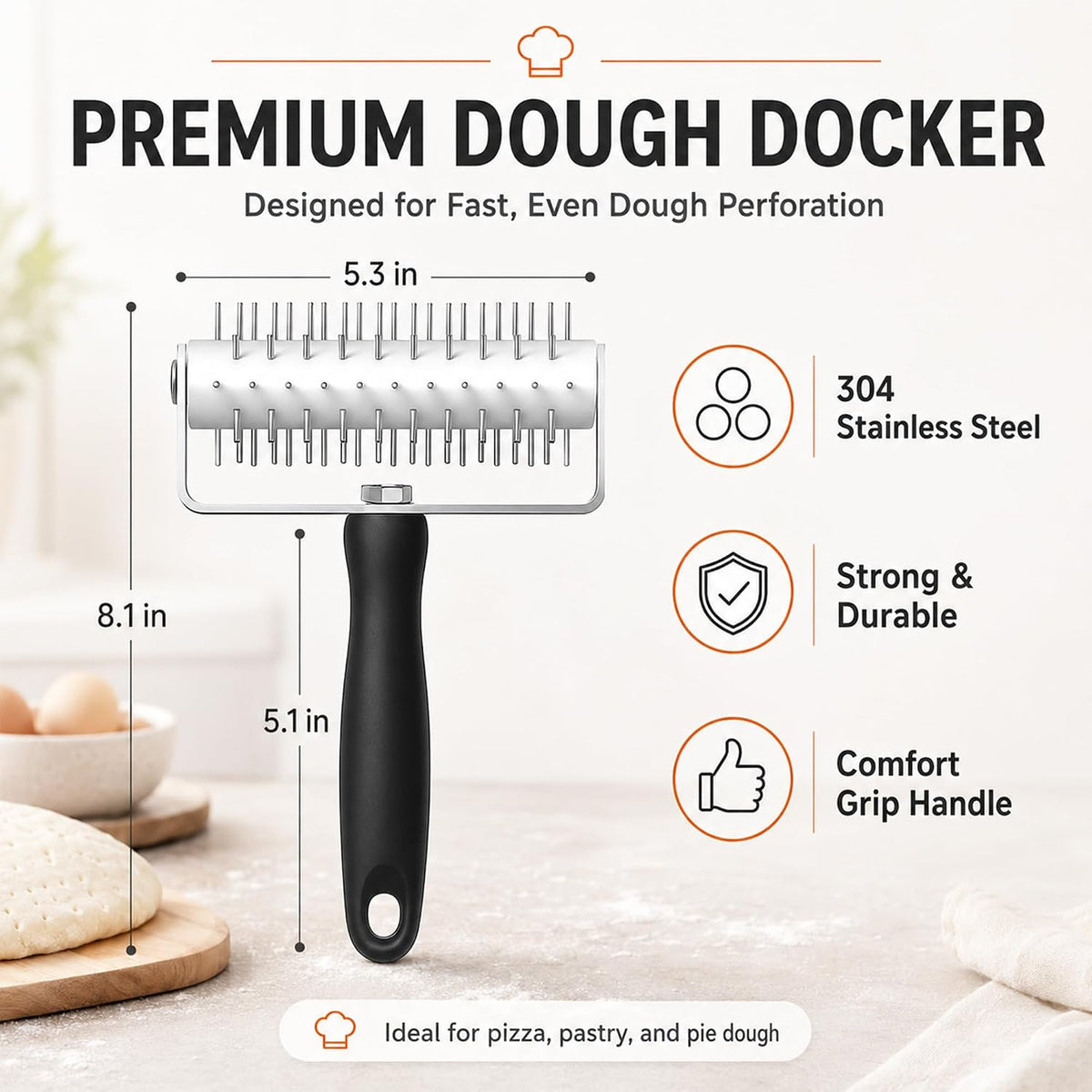 Pizza Dough Docker Roller Stainless Steel, Pin Puncher Dough Hole Maker, Docking Tool for Pizza Pie Cookie Pastry Bread