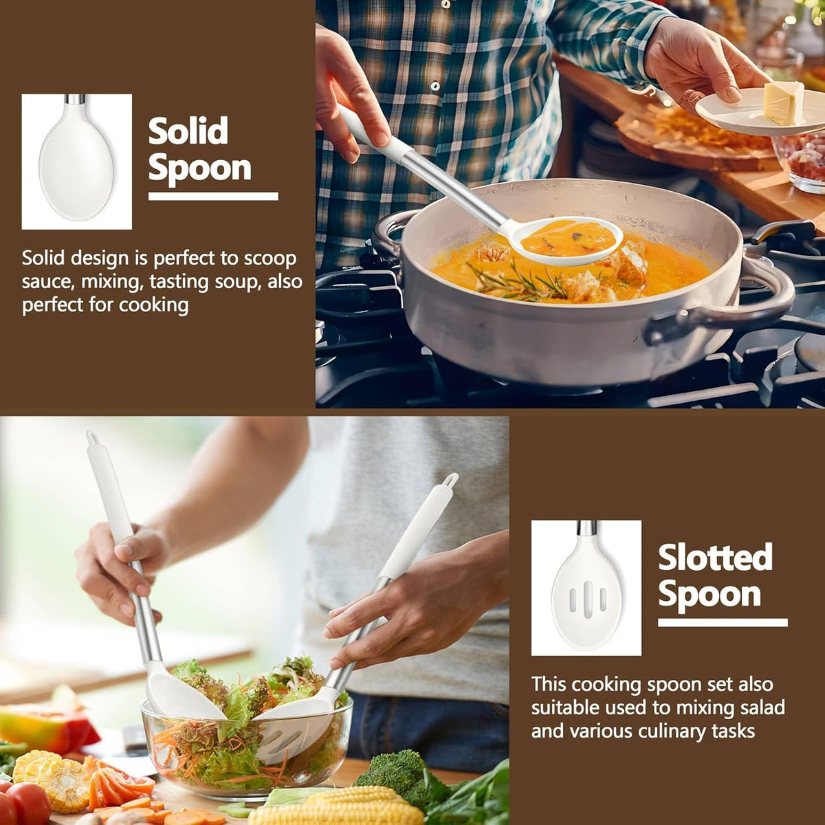 Black Kitchen Cooking Utensil Set of 4, Slicone Head & Steel Body | Silicone Solid Spatulas Slotted Spoons Turners for Non-stick Cookware Flipping Mixing, Heat-proof