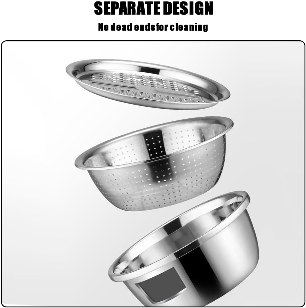3 in 1 Stainless Steel Grater Shredder Slicer with Colander Drain Basin Bowl for Vegetables Fruits Salad as Washing Basket in Kitchen
