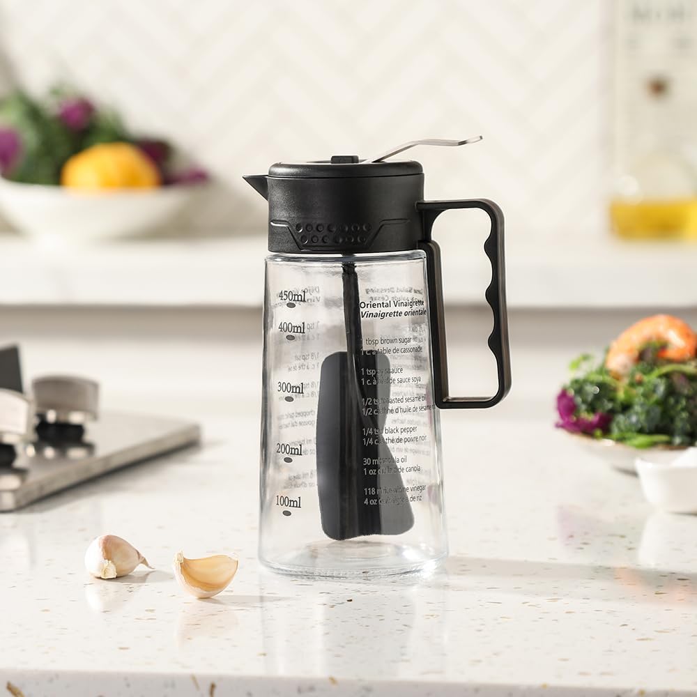 Salad Dressing Shaker Glass Homemade Salad Dressing Bottle Salad Mixer/Container with Pour Spout & Recipes, Leak-Proof, BPA-free, Easy Press Lid for One-Handed Operation