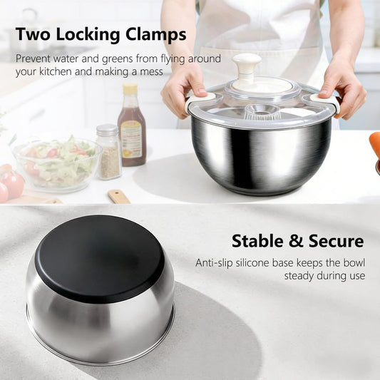 Large Salad Spinner with Storage Lid,5.29QT Stainless Steel Spin Dry Salad Greens Fruit Washing Bowl with Strainer Vegetable Cleaner washer Lettuce Spinner with slicer and julienne cutter