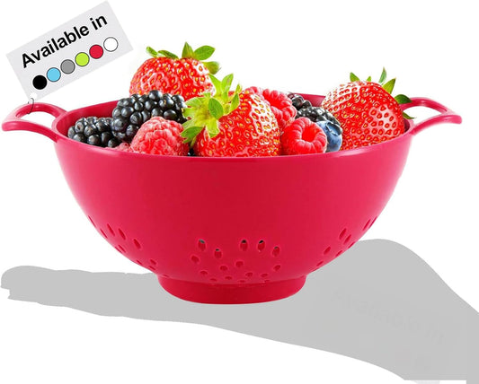 6-Inch Small Colander, 3-Cup Food Strainer, Cardinal Red | BPA-free, dishwasher-safe mini colander has a wide, shallow bowl, 1/8-inch holes, two handles, ring foot and smooth edges.