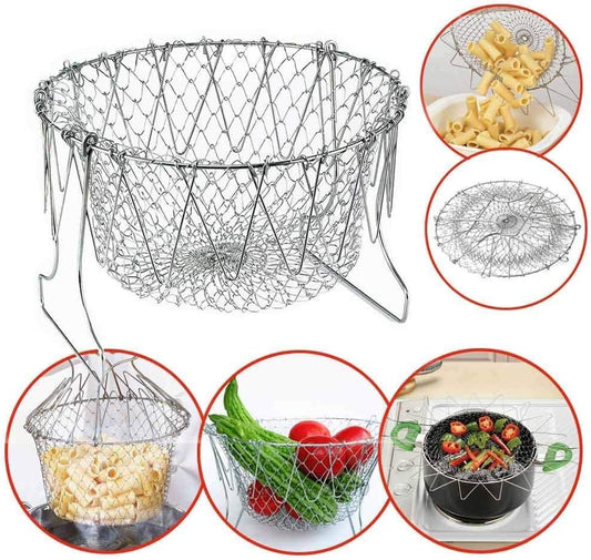 304 Stainless Steel Foldable Steam Rinse Strain Fry Basket Strainer Net Kitchen Cooking Tool for Fried Food or Fruits