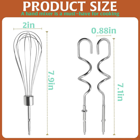3Pcs Hand Mixer Beaters Dough Hook for Kitchen Aid, Stainless Steel Dough Hook for Kitchenaid Egg Beater Whisk Attachment for Kitchen Aide, Hand Mixer Attachment Restaurant Kitchen Accessories