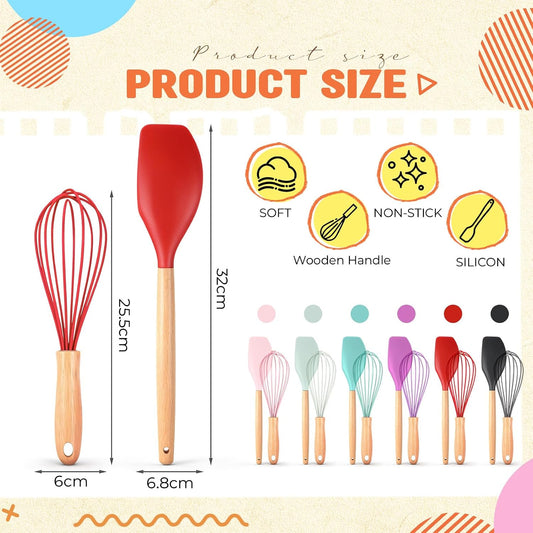 12 Pcs Small Silicone Whisks and Spatulas with Wooden Handle for Cooking 10 Inch Mini Whisk Spatula Non Stick Kitchen Baking Essentials Cookware for Valentines Day Party Favor Gift Supplies