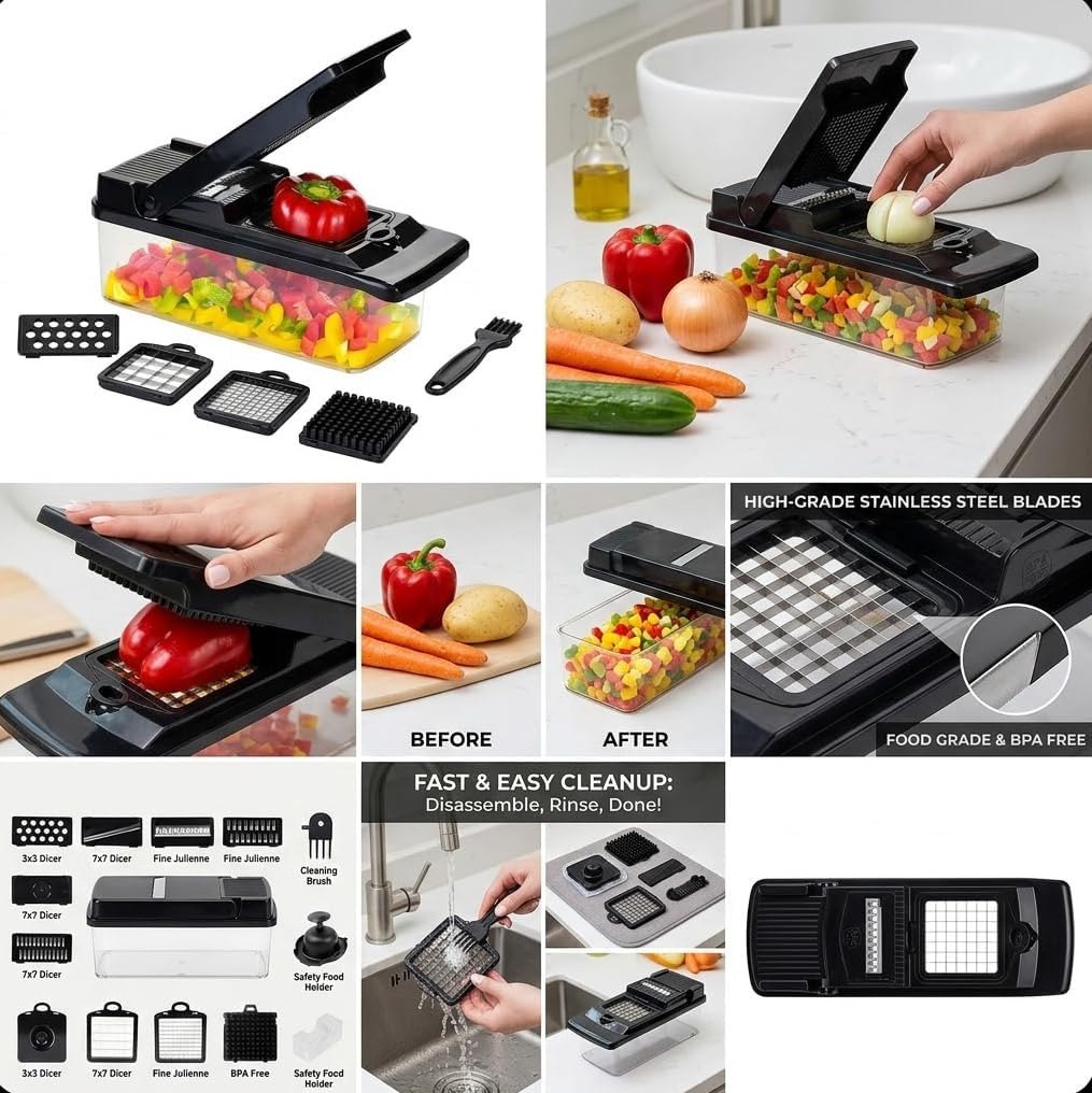 Hand‑Press Vegetable Chopper with Container – Manual Multi‑Blade Food & Onion Chopper, Premium Vegetable Cutter Manual for Kitchen Meal Prep