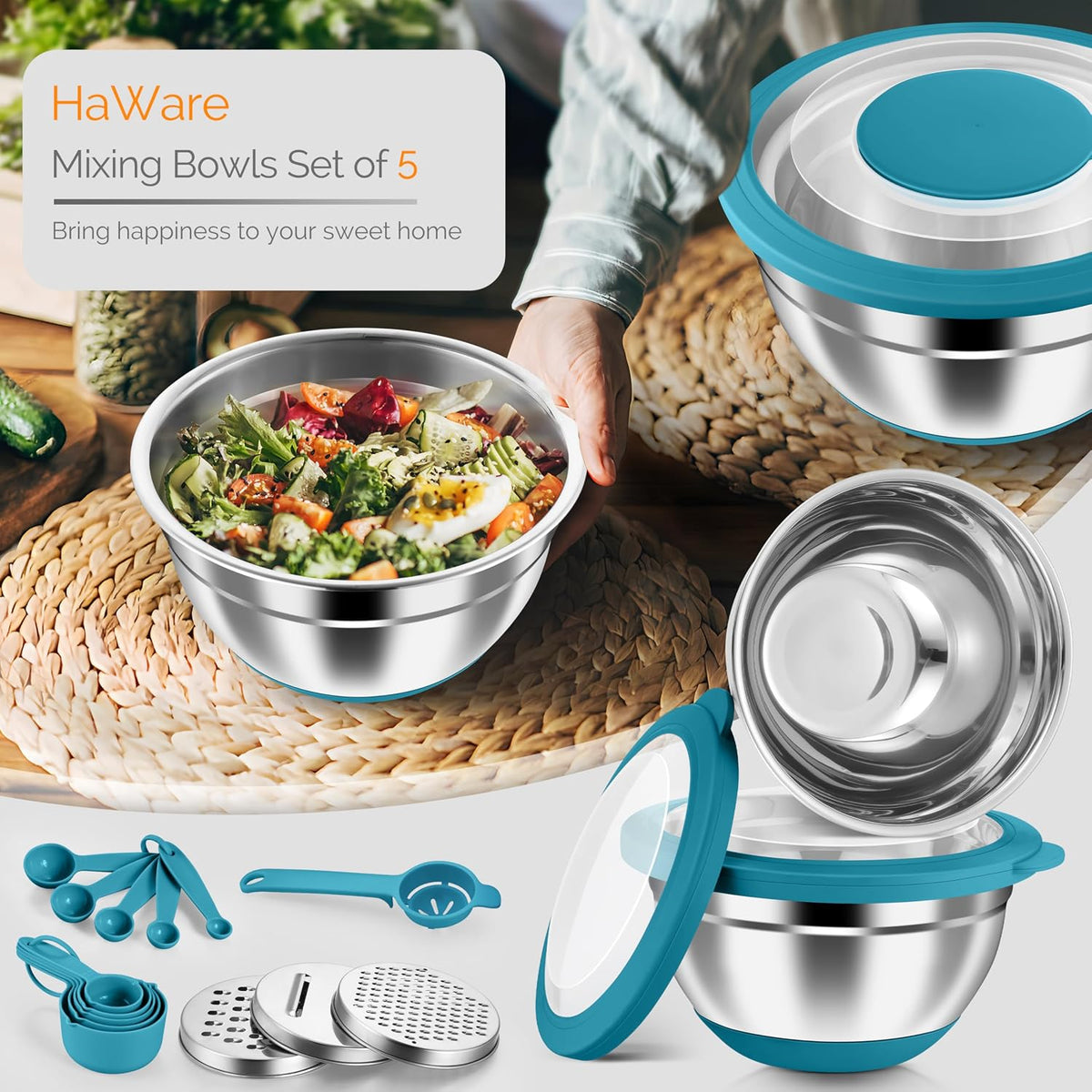 Stainless Steel Mixing Bowls with Airtight Clear Lids, Khaki