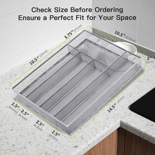 Silverware Drawer Organizer, Silver, 5 Compartment | Mesh Wire, Non-Slip Feet, Cutlery Tray, Flatware Storage Divider