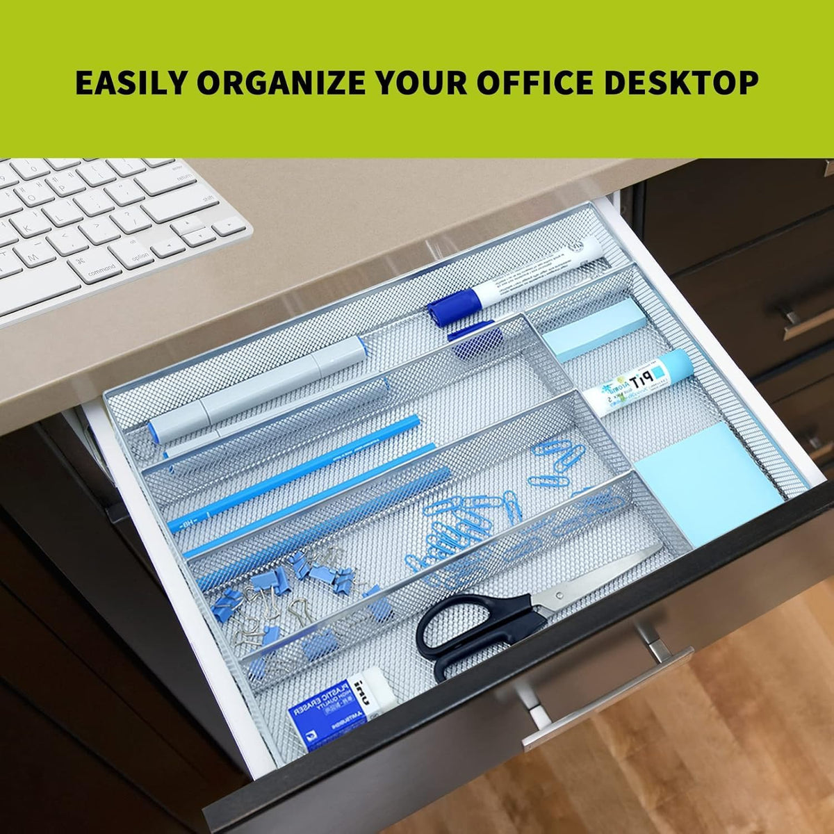 Silverware Drawer Organizer, Silver, 5 Compartment | Mesh Wire, Non-Slip Feet, Cutlery Tray, Flatware Storage Divider