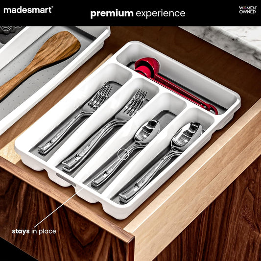 Classic 5 Compartment Compact Silverware Tray, White | non slip feet, rounded corners, branded icons, soft grip lining, forks knives spoons, flatware sorting, woman owned