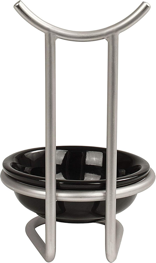 Euro Spoon Rest with Ceramic Dish Upright Cooking Utensil Holder for Kitchen Counter Oven Stove, Modern Steel Stand with Drip Catcher Stove Top Ladle Holder Stain Nickel