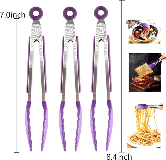 7-inch Mini Silicone Kitchen Tongs for Serving Food, Set of 3, Purple