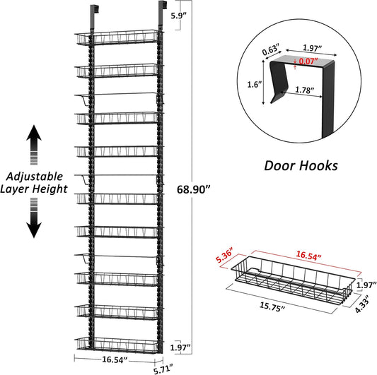 9 Tier Over Door Pantry Organizer, 2-in-1 Adjustable Spice Rack | Metal Pantry Door Organizers and Storage, Hanging or Wall Mount Shelves with 9 Adjustable Baskets, 3 Safety Bars, Black