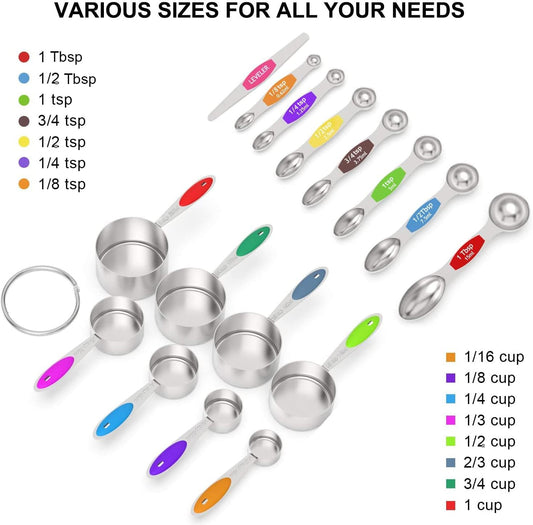 Measuring Cups and Magnetic Measuring Spoons Set, 16Pcs | 8 Stainless Measuring Cups, 7 Double-sided Magnetic Measuring Spoons & leveler for Spice Jar and Liquid Measuring, Multicolor