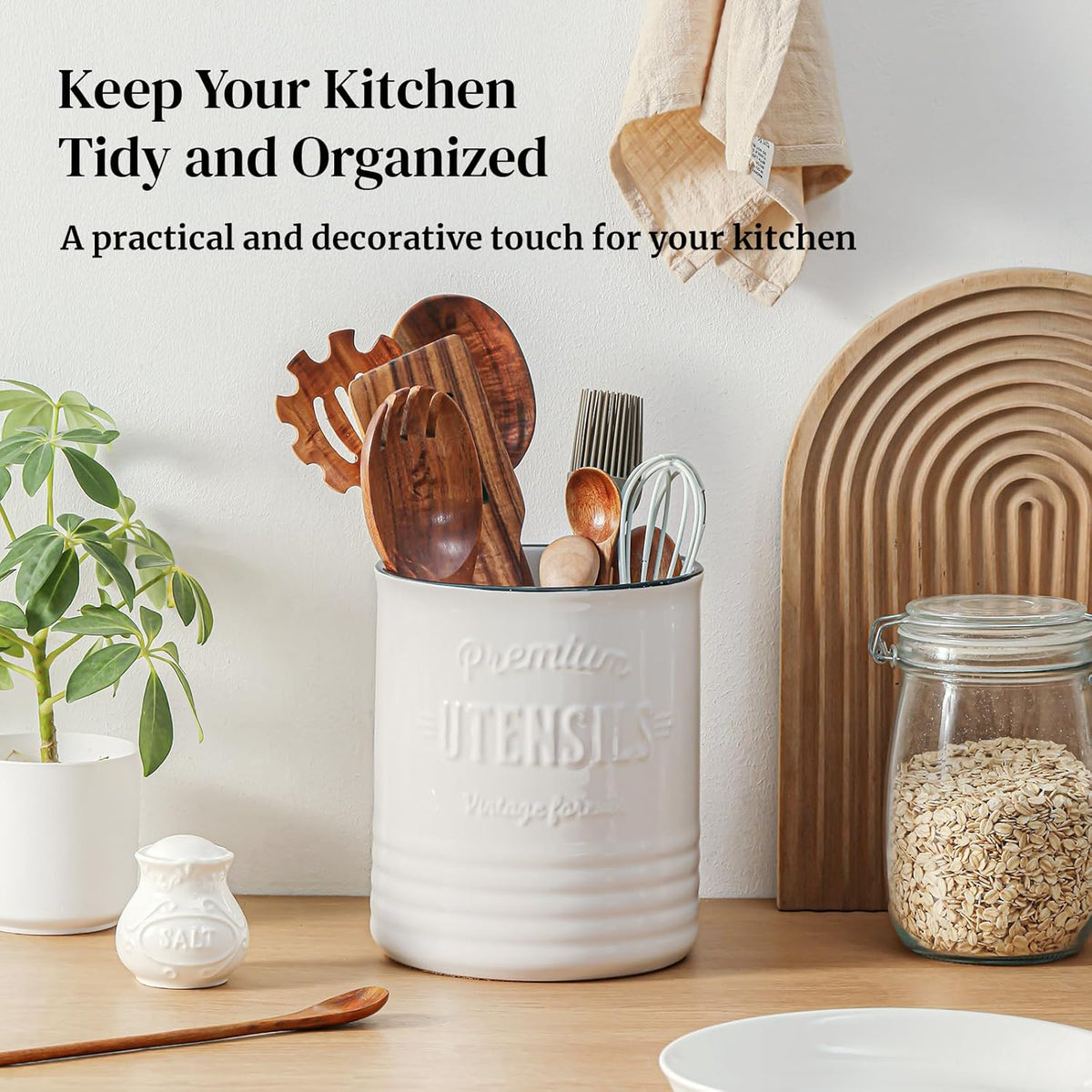 7.2″ Extra Large Kitchen Utensil Holder, Farmhouse Utensil Holder for Countertop, Ceramic Utensil Crock with Protection Cork Mat, Utensil Organizer for Kitchen Decor & Housewarming Gift, White