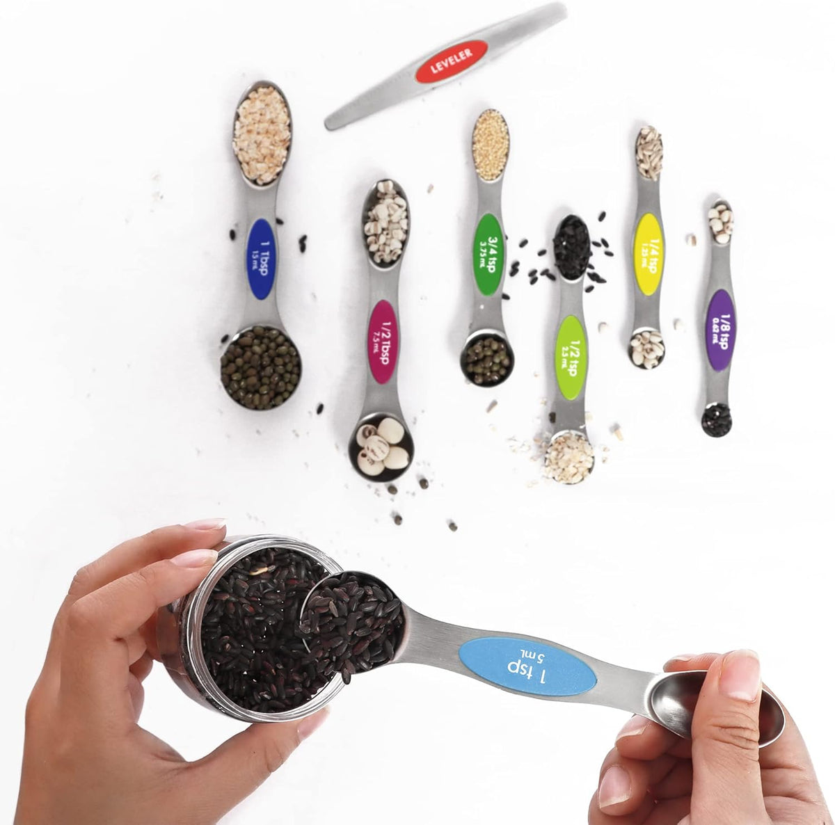 Magnetic Measuring Spoons Set Stainless Steel with Leveler, Stackable Metal Tablespoon Measure Spoon for Baking, Cups and Spoon Set Kitchen Gadgets Apartment Essentials Fits in Spice Jars