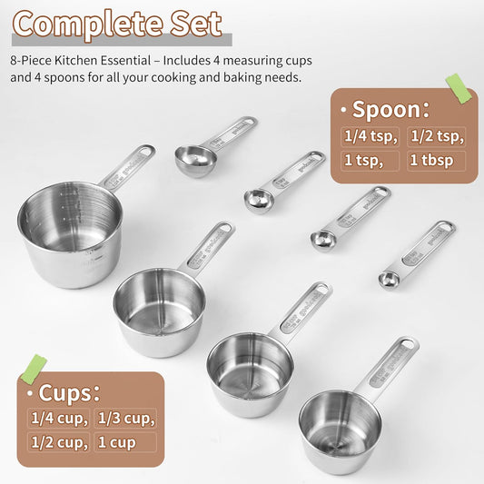 Measuring Cups and Spoons Set (8 Piece), Stainless Steel Measuring,4 Spoons, 4 Cups, Metal Measuring Cups for Cooking & Baking