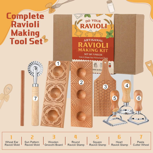 7 Pcs Pasta Making Tools Set Ravioli Maker Press Mold Wooden Gnocchi Board Stainless Steel Ravioli Stamp Pasta Cutter Wheel for Home Cooking Kitchen Gift