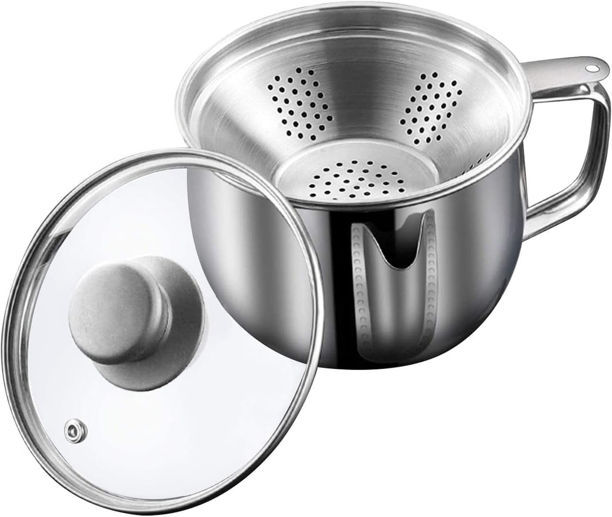 Stainless Steel Fat Separator, 1000ML Gravy Grease Separator with Strainer and Glass Lid Oil Fat Separator Oil Strainer Pot Grease Can Gravy Separator Kitchen Cup Soup Oil Separator Cup