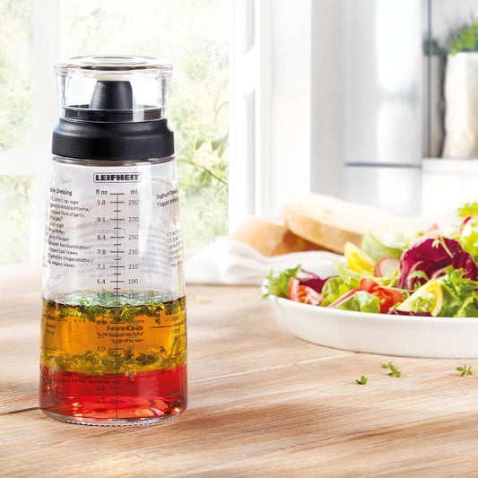 Glass Salad Dressing Bottle 10 oz – Durable Eco-Friendly Glass with Leakproof Plastic Lid, Non-Drip Spout, Built-In Recipe Guide, Dishwasher Safe, German Design – Black