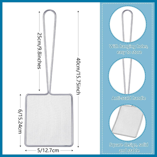 2 Pcs Square Fine Mesh Skimmer Spider Strainer Oil Skimmer for Deep Fryer Frying Scoop Stainless Steel Spider Strainer with Long Handle for Kitchen Swimming Pools Fried Food (5 x 6 Inch)