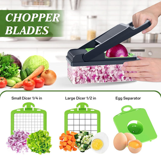 Vegetable Chopper Vegetable Cutter, 12 in 1 Kitchen Gadget, Dicer, Slicer, Onion Cutter, Salad, Cheese Grater & Egg Separator - Multi-Functional Veggie Chopper Lid with Handle (Green)