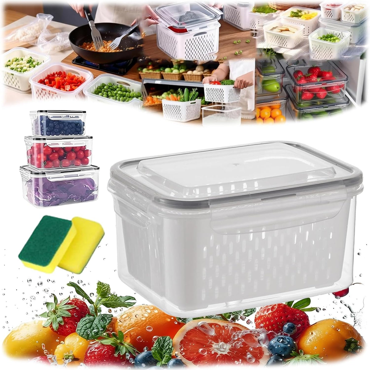 4 in 1 Food Storage Container, Produce Keeper Containers for Fridge, Household Transparent Plastic Food Storage Box-Including Drain Basket, For Vegetable and Berry, Kitchen Organizer