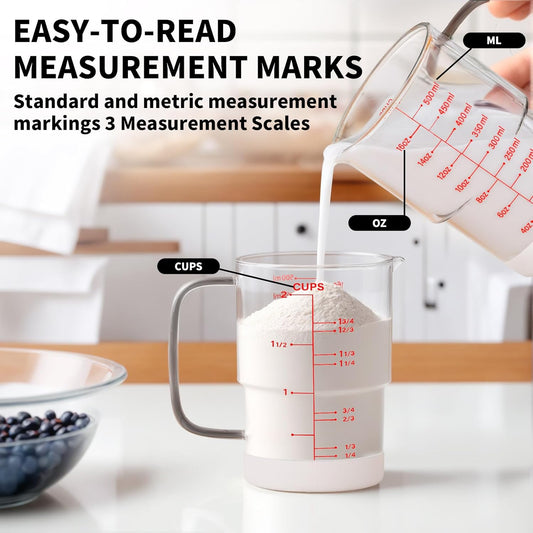 2-Cup Glass Measuring Cup For Baking and Cooking, (Upgraded, 3 Marking Including Cup/ML/Ounce Scale) Dishwasher, Freezer, Microwave, and Preheated Oven Safe, Essential Kitchen Tools