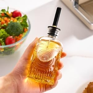 Glass Olive Oil Dispenser Bottle Set, 7 oz, 2 Pack | Glass oil dispenser for kitchen with metal spouts; small oil bottles with funnel, labels and stoppers for syrup and juice