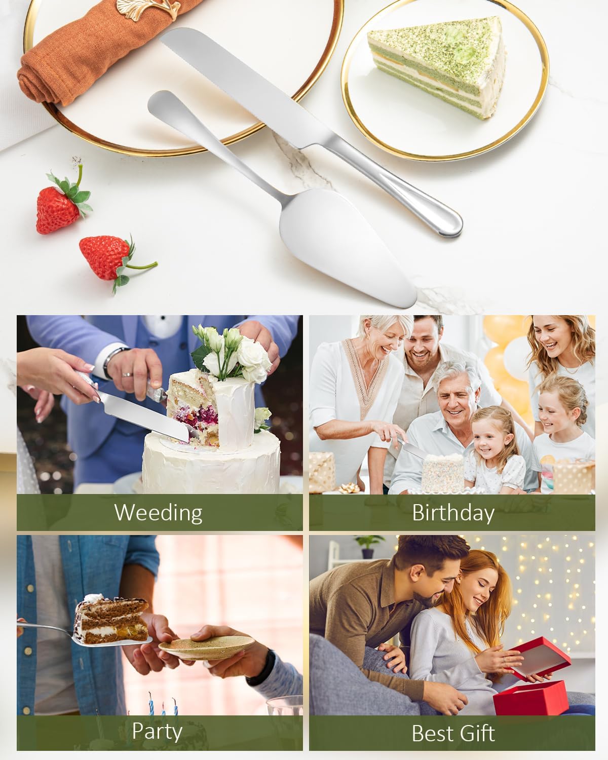 2-Piece Premium Cake Cutting Set, Exquisite Knife and Server with Serrated Design, Includes Cake Knife and Pie Spatula for Pastry, Pizza and Desserts (Gold)