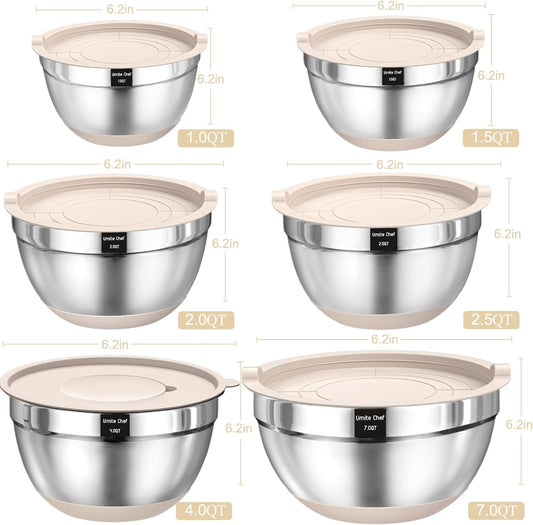 Mixing Bowls with Airtight Lids Set, 26PCS Stainless Steel Khaki Bowls with Grater Attachments, Non-Slip Bottoms & Kitchen Gadgets Set, Size 7, 4, 2.5, 2.0,1.5, 1QT, Great for Mixing & Serving