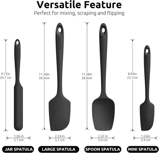 Silicone Spatula Set with 600 Degrees Fahrenheit Heat Resistant (Black) | Food Grade Hot-Proof Seamless Rubber Scraper, Kitchen Flexible Silicon Cooking Utensil Set, Diswasher Safe Baking Supplies