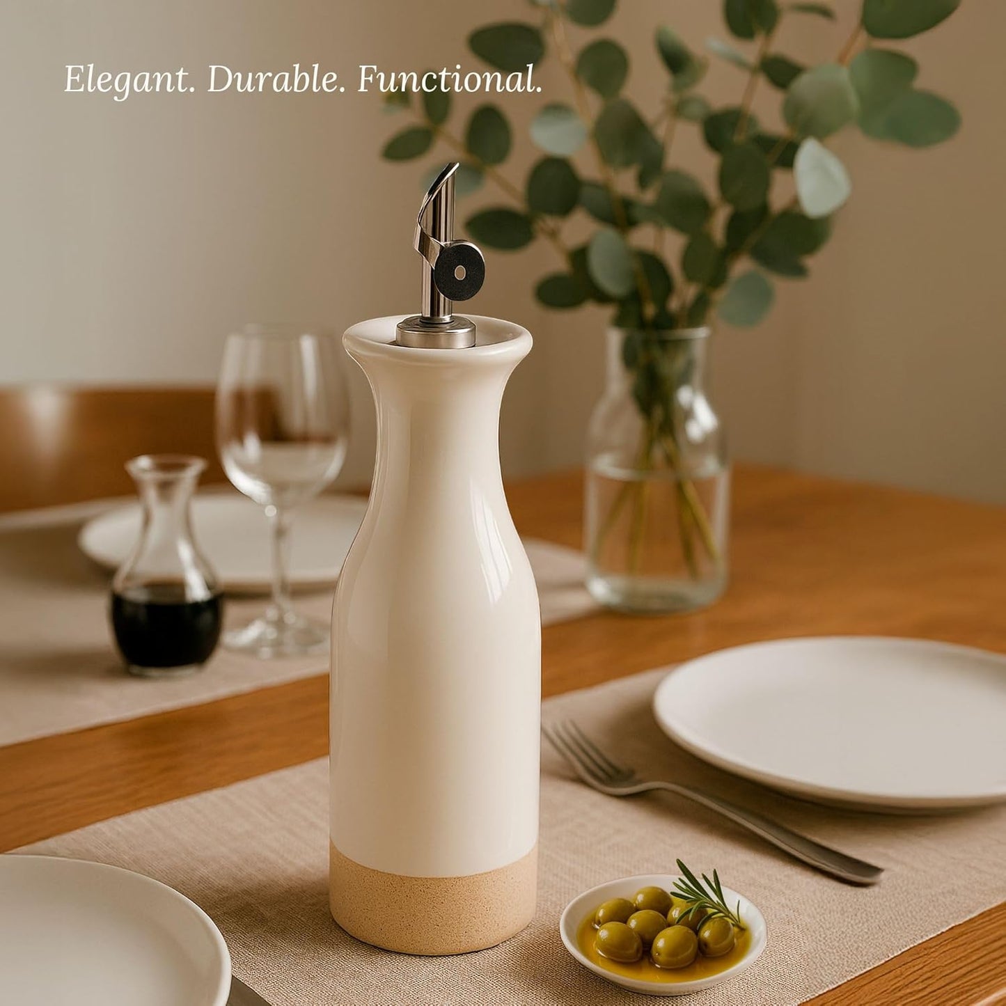 TOMO Ceramic Olive Oil Dispenser Bottle 22oz, Wide Mouth Easy Fill Design, Spill-Free Spout, Large Capacity